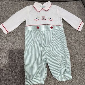 Vintage Bryan 9 month Green and White Striped Red Trim Collar Outfit